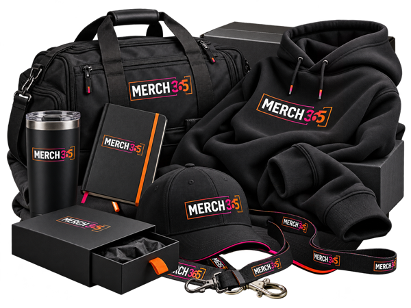 A Merch365 collection with branded apparel, a bottle, cap, lanyard and gift box