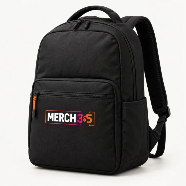 Backpacks with Merch365 branding on a warm white studio background — concept