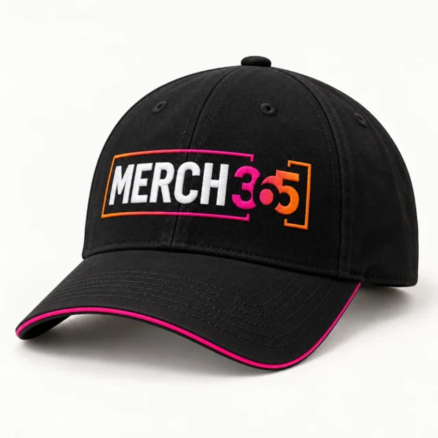 Caps with Merch365 branding on a warm white studio background — concept