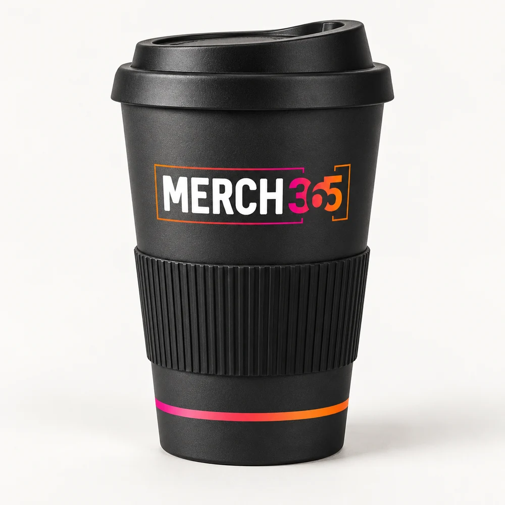 Coffee cups with Merch365 branding on a warm white studio background — concept