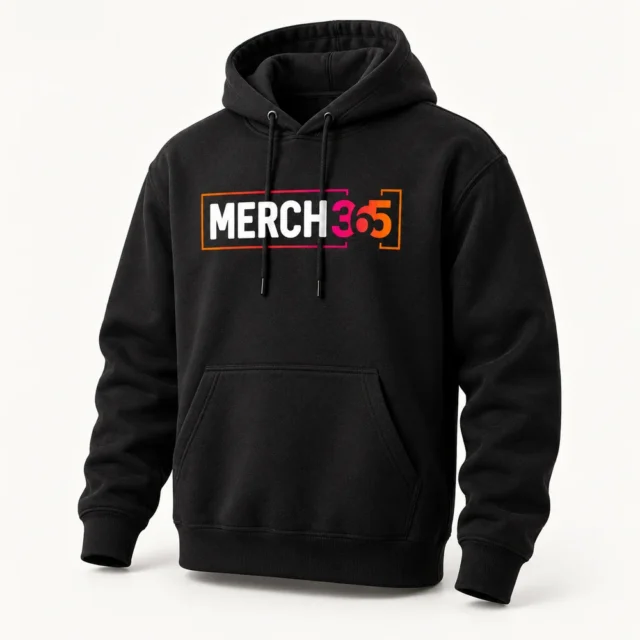 Hoodies with Merch365 branding on a warm white studio background — concept