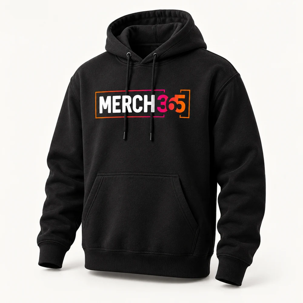 Hoodies with Merch365 branding on a warm white studio background — concept