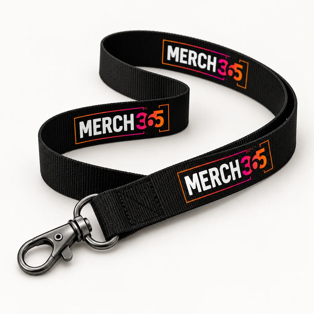 Lanyards with Merch365 branding on a warm white studio background — concept