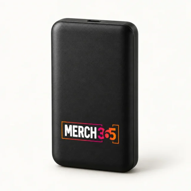Power banks with Merch365 branding on a warm white studio background — concept