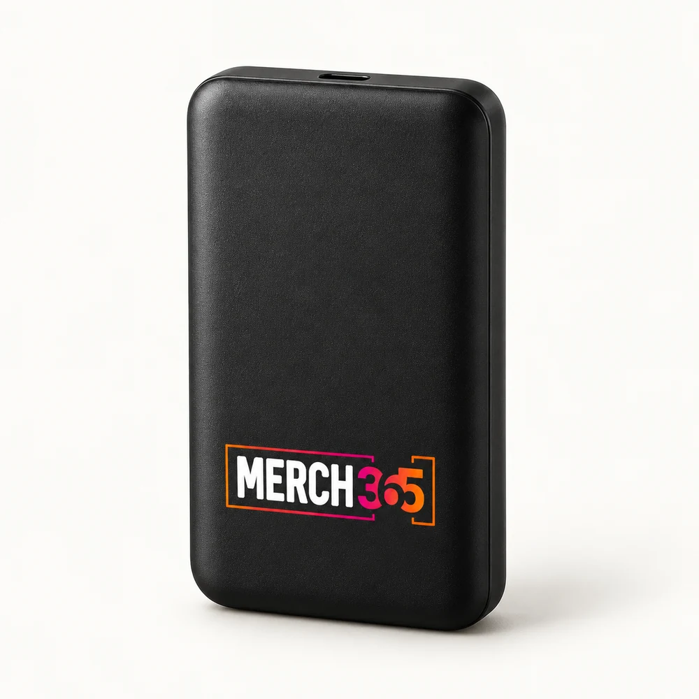 Power banks with Merch365 branding on a warm white studio background — concept