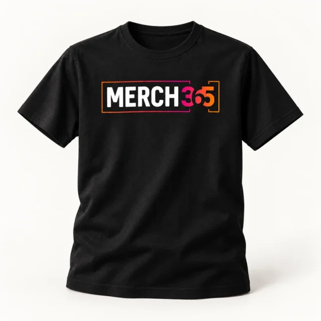 T-shirts with Merch365 branding on a warm white studio background — concept