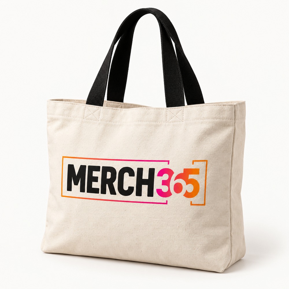Tote bags with Merch365 branding on a warm white studio background — concept