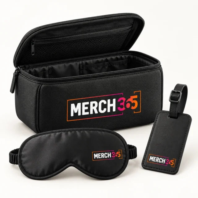 Travel kits with Merch365 branding on a warm white studio background — concept