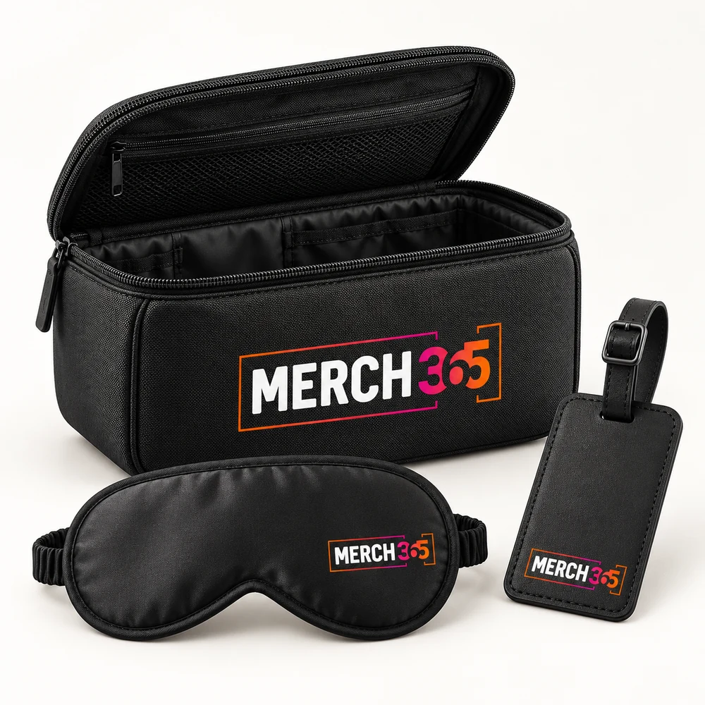 Travel kits with Merch365 branding on a warm white studio background — concept