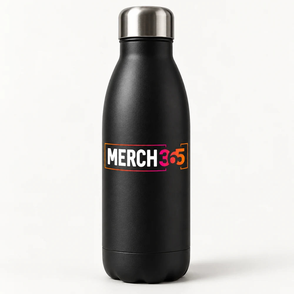 Water bottles with Merch365 branding on a warm white studio background — concept