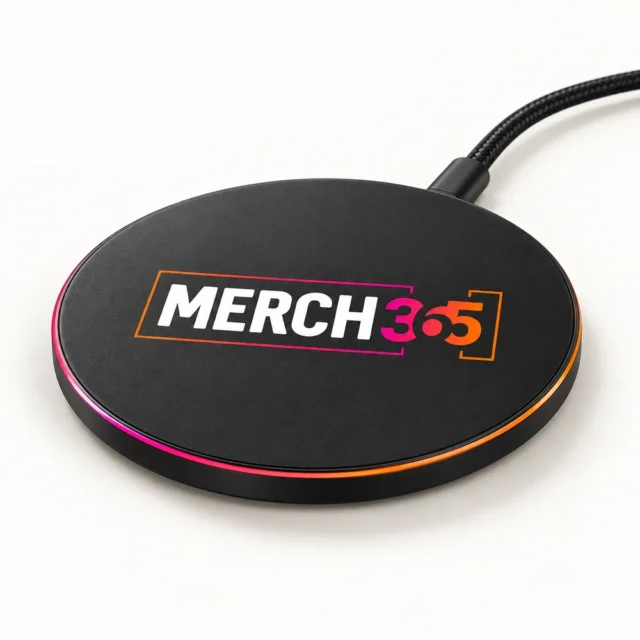 Wireless chargers with Merch365 branding on a warm white studio background — concept