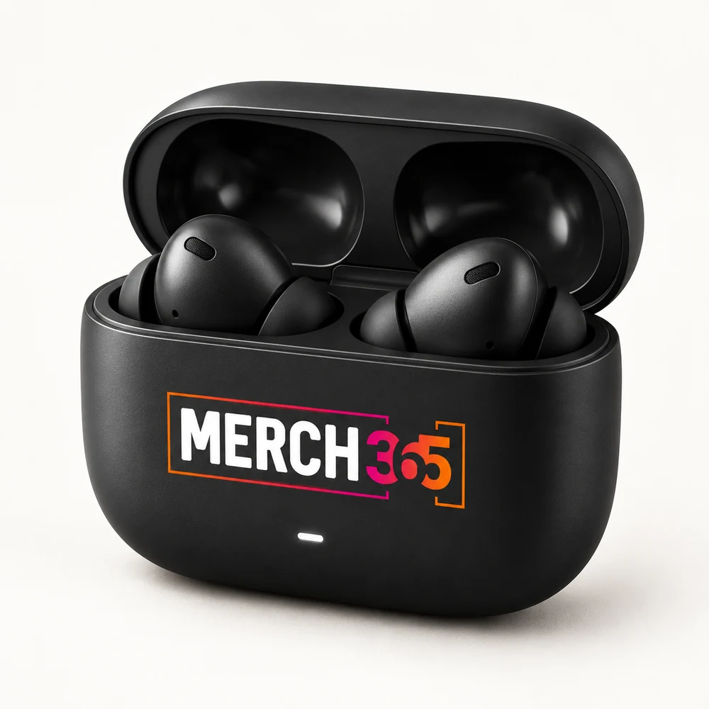 Wireless earbuds with Merch365 branding on a warm white studio background — concept