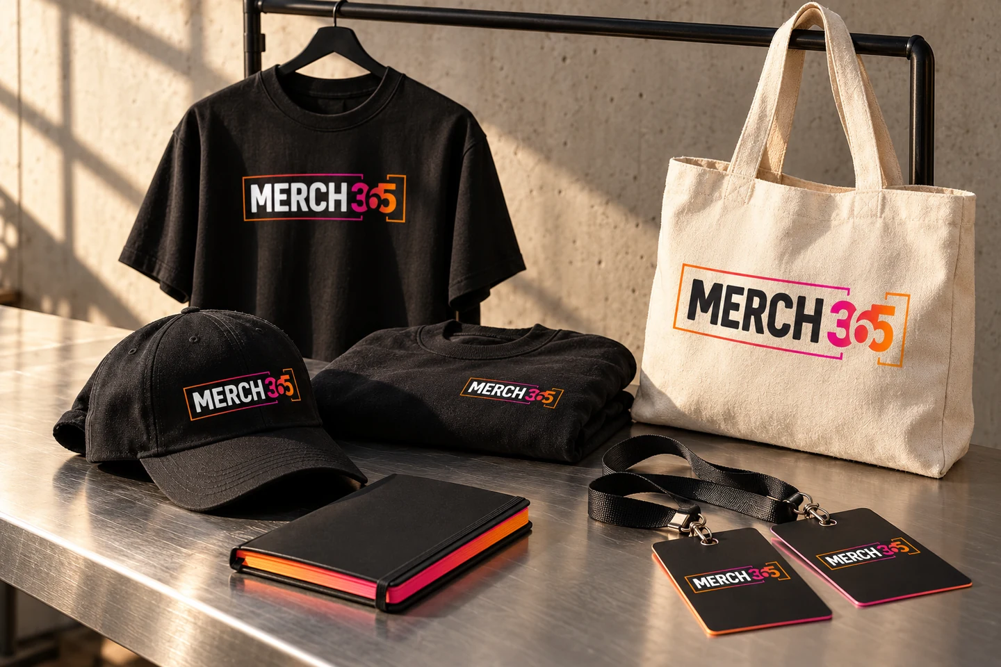 Merch365 event collection concept with apparel, a tote bag and accessories