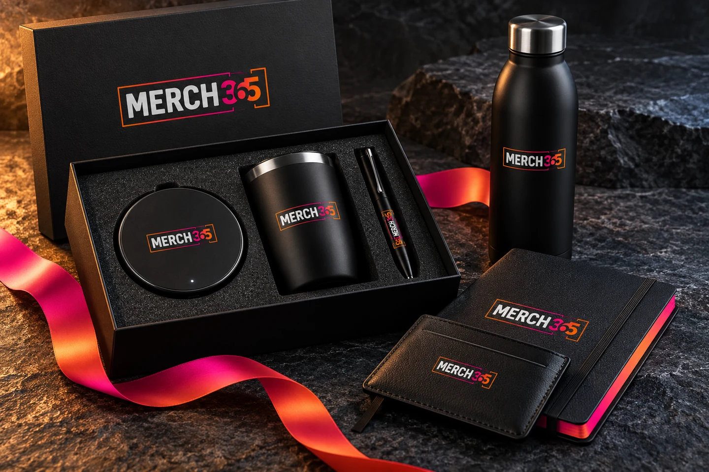 Merch365 gifting concept with a bottle, notebook and accessories in a presentation box