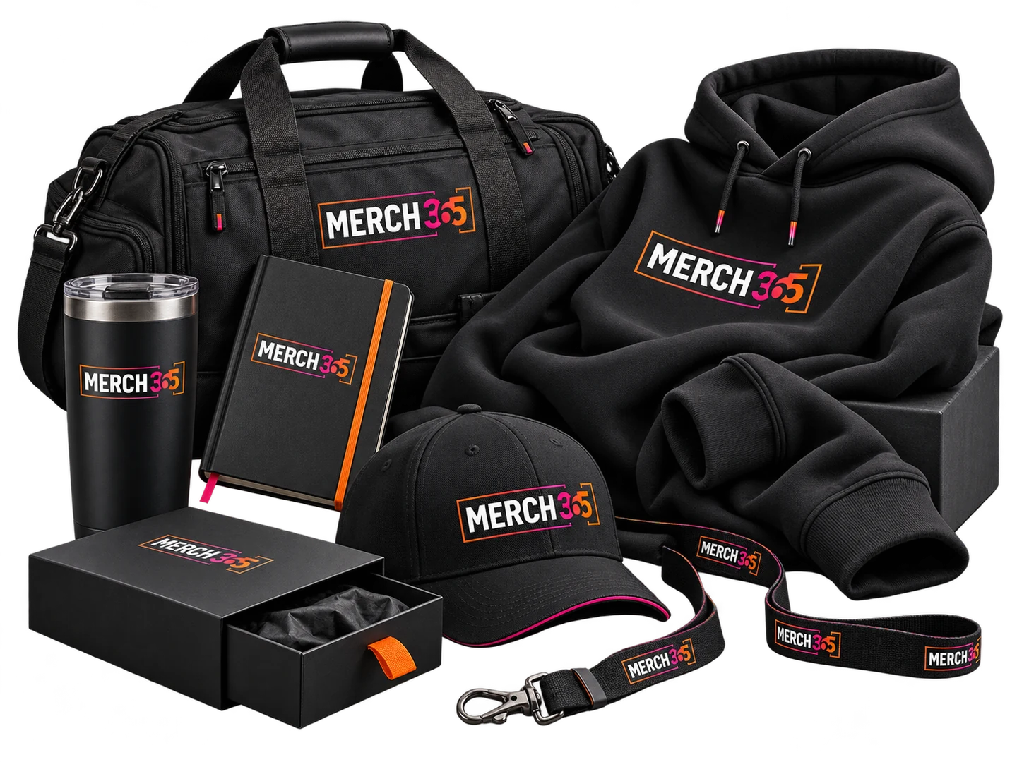 Merch365 concept collection: hoodie, bottle, cap, lanyard and presentation box
